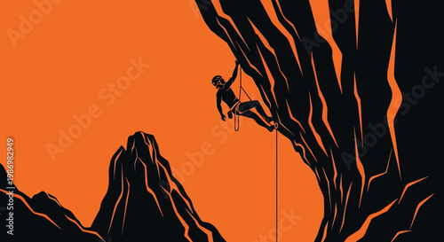 Minimalist Climber Ascends Rocky Summit Against Vivid Orange Sky