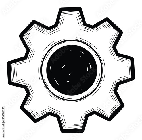 Black and white sketchy gear graphic symbolizing mechanics, engineering, and configuration for technology work.