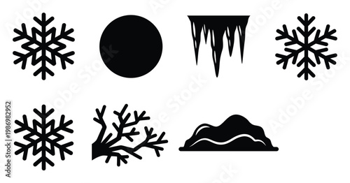 Various black silhouette icons of snowflakes icicles and snow drift useful for winter weather seasonal graphics