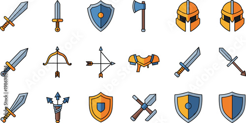 Medieval Weapons and Armor Vector Set Sword Shield Helmet Bow Arrow Icons