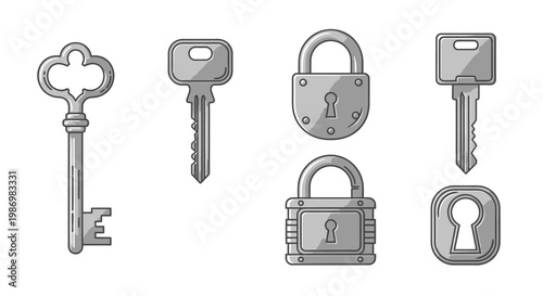 Collection of keys and locks in gray shades for security and protection concepts