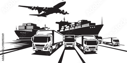 Transportation icons, cargo shipping, trucks, airplane, freight vector
