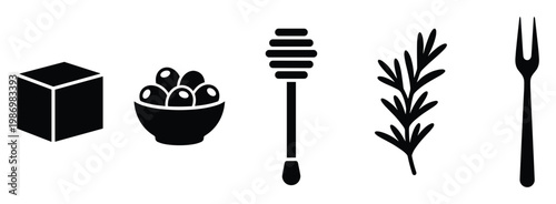 Kitchen and food icons with sugar, olives, honey, herb, and fork for culinary themed projects.