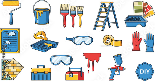 DIY Painting Tools Vector Set Roller Brush Ladder Spray Gun Equipment