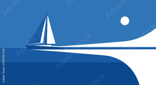 Minimalist Sailboat Sailing Across Calm Blue Waters Under Bright Moon