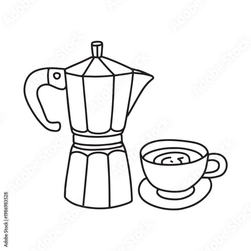 moka pot and espresso cup, black and white outline doodle