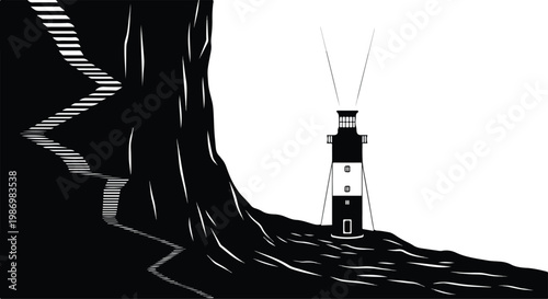 Black and White Silhouette of a Lighthouse and Cliffside Winding Stairs Symbolizing Guidance and Hope