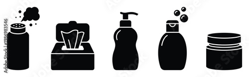 Everyday personal care and baby hygiene product icons featuring powder, wipes, lotion, and shampoo