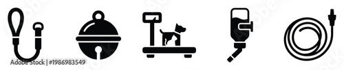 Dog supplies and pet care icons featuring leash, bell, weighing scale, and water feeder for animal services.