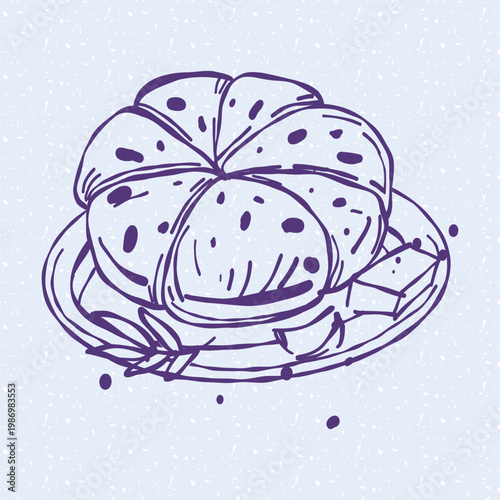 Hand drawn illustration of round sliced bun with seeds, served on plate with piece of butter and decorative leaf. Trendy linear food element bakery cafe menu, breakfast recipe book, kitchen posters