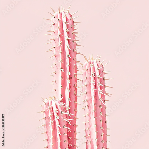 Minimalist surreal portrait of pink cacti with sharp thorns on a pastel background, monochrome aesthetic