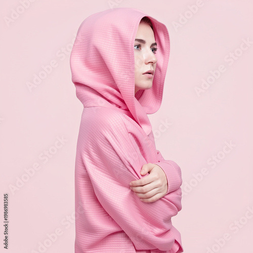 Profile portrait of a young woman in a pink oversized hoodie, monochrome pastel streetwear concept