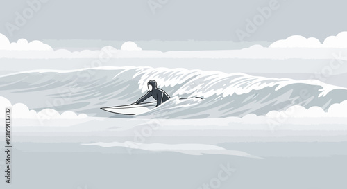 Minimalist Surfer Riding Ocean Wave Monochrome Art