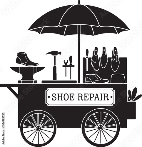 Black shoe repair cart vector, shoe shop icon, repair tools, umbrella, black and white illustration