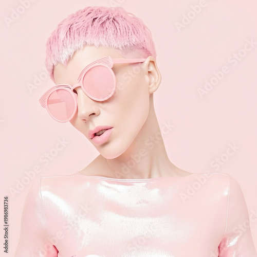 Futuristic portrait of a woman with pink short hair and stylish sunglasses, monochrome pastel concept