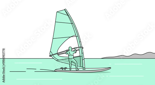 Minimalist Windsurfer Riding On Tranquil Aqua Waters During Daytime
