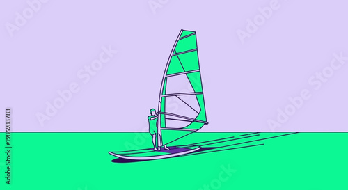 Minimalist Windsurfer Riding Teal Board Against Light Purple Sky