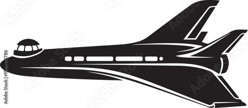 Black airplane, futuristic jet, aircraft icon, transportation symbol, vector illustration
