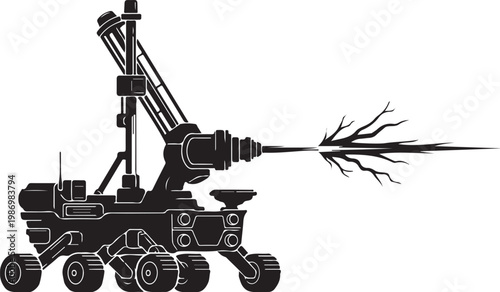 Industrial robotic arm, heavy machinery, drilling machine, black vector illustration