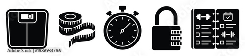 Fitness and health icons scale, tape, stopwatch, lock, and workout planner for wellness applications