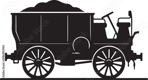 Vintage coal cart, old mining wagon, black silhouette, industrial vehicle, transportation icon