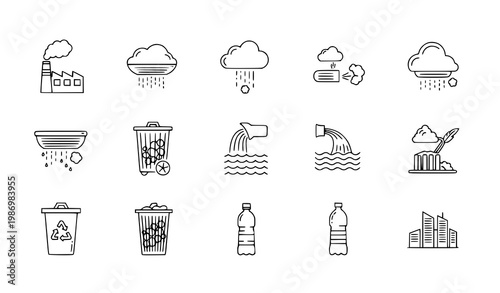 Pollution outline icon set vector with air water waste factory emissions editable stroke linear collection