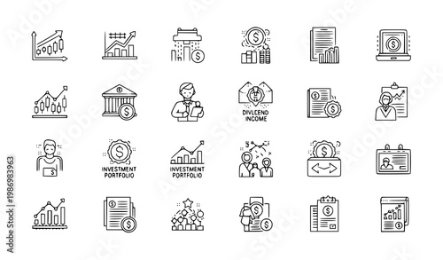 Investment growth outline icon set vector with stock chart portfolio profit financial planning editable stroke design