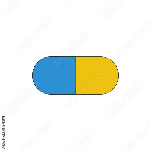 Blue and yellow capsule on white background, medical concept