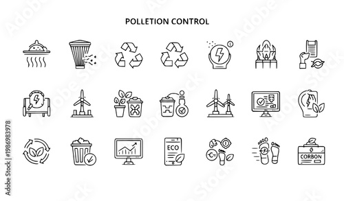 Pollution control outline icon set vector with recycling clean energy carbon reduction editable stroke design