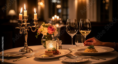 Romantic candlelit dinner for two with wine and gourmet food at a fine dining restaurant