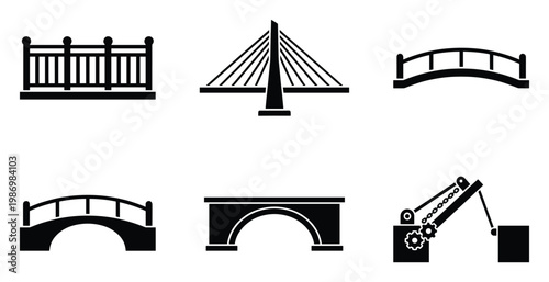 Diverse bridge icons representing architectural structures and engineering forms for construction and graphic design