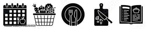 Food planning and cooking process glyph icons for meal preparation applications and kitchen related content