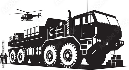 Military truck, heavy duty vehicle, transport illustration, helicopter support