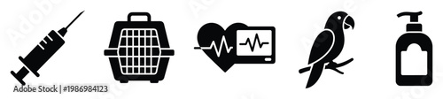 Professional black glyph icons representing veterinary medicine, animal health, pet care, and personal hygiene products for various applications
