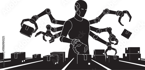 Multitasking man, octopus arms, cityscape, black silhouette, white background, vector illustration