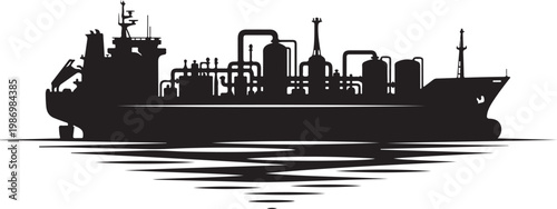 Industrial cargo ship, tanker silhouette, black industrial vessel, maritime icon
