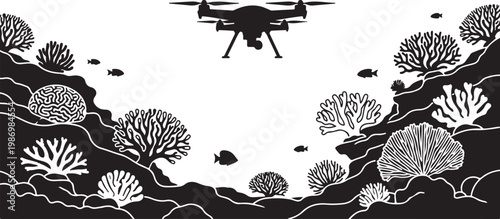 Black and white, drone, underwater, coral reef, vector illustration, ocean exploration, marine life