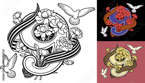 Stylized vector illustration of a symbolic ribbon combined with blooming flowers and doves in flight. Black and white ornamental composition representing remembrance, peace and honor. Suitable for mem