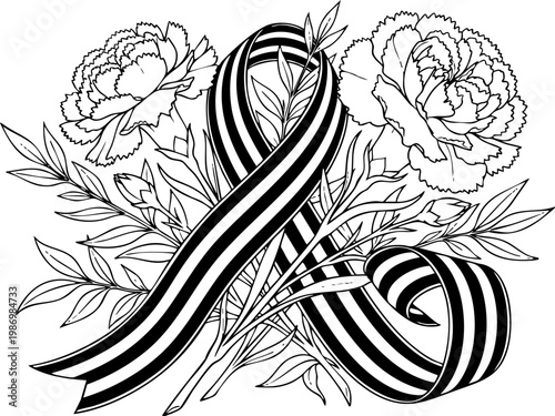 Detailed monochrome vector illustration of an awareness ribbon intertwined with blooming flowers and leaves. Elegant ornamental composition symbolizing remembrance, support and tribute. Ideal for prin