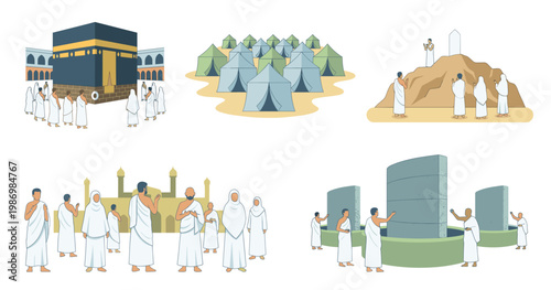 Flat icons for Hajj and Eid Al-Adha pilgrimage illustration with pilgrims in Ihram at Kaaba tawaf, Mina tents, Mount Arafat, a mosque, and Jamarat stoning rituals, vector collection.