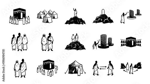 Glyph icon pack of islamic pilgrimage hajj vector elements for eid al adha graphic design featuring kaaba tawaf, mina tents, mount arafat, jamarat, and muslim pilgrims in ihram.