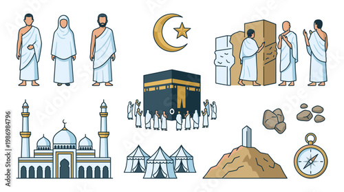 Flat line art islamic hajj vector set for eid al adha celebration showing pilgrims in ihram, kaaba, mosque, mina tents, mount arafat, jamarat stoning, crescent moon and compass.