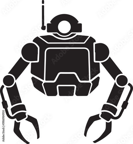 Robot, black silhouette, futuristic bot, industrial machine, vector illustration