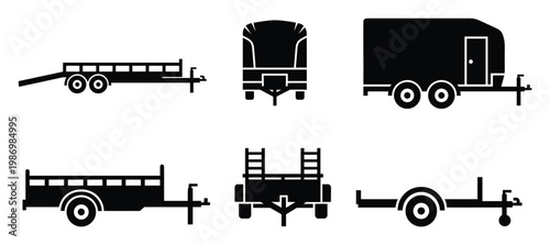 Collection of diverse utility and cargo trailer icons for logistics and freight transportation graphics and applications