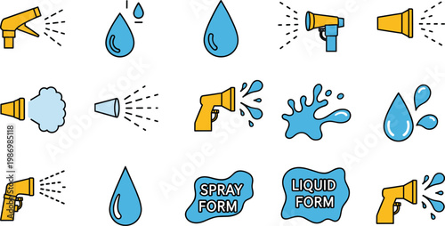 Water Spray and Liquid Drops Vector Set Splash Nozzle Icons Collection
