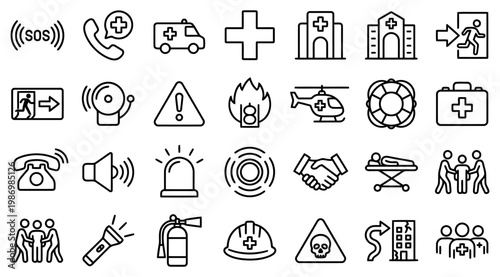 icon set in modern clean line style representing emergency, safety, rescue, and crisis response concepts