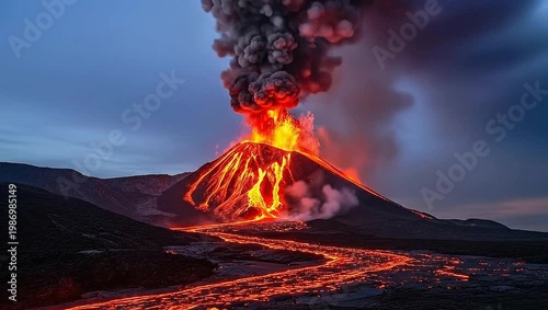 Dramatic Volcanic Eruption with Fiery Lava Flow and Lightning Strikes at Dusk.