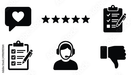 Customer feedback and review icons for user experience evaluation and service quality assessment applications