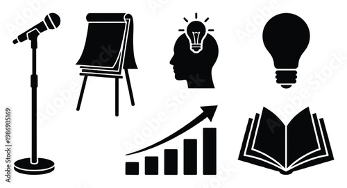 Black and white icons for communication, learning, creative ideas, and business growth presentations