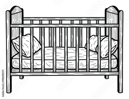 Traditional wooden baby crib with soft bedding in a hand drawn style perfect for child care product advertising